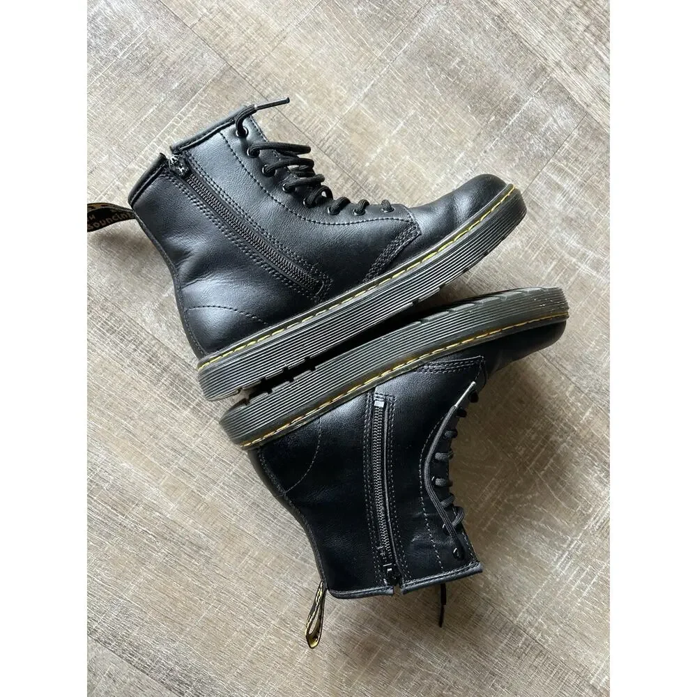 Dr Martens Zavala J Kids Black Leather Combat Boots US 3 EU 34 Side Zip